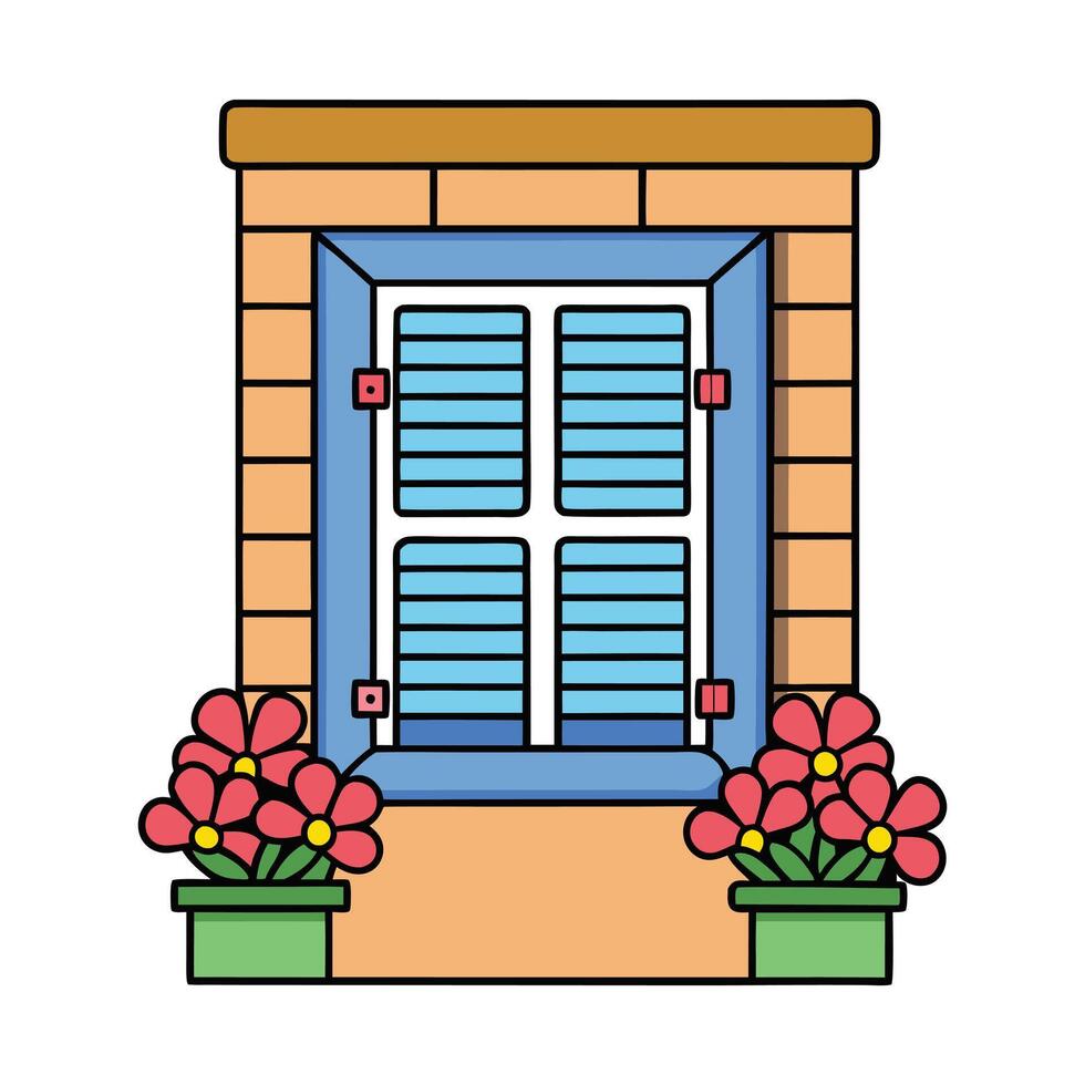 window with flowers and shutters on a brick wall vector