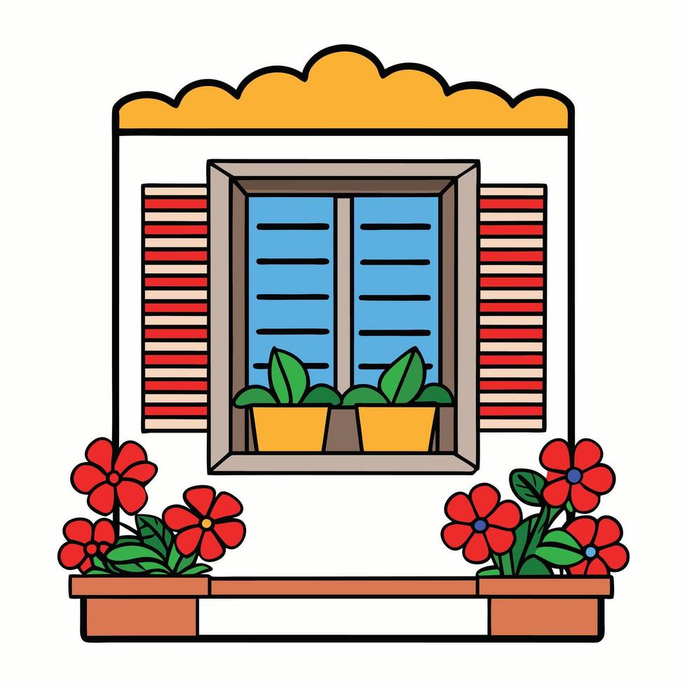 a window with flowers and a plant on the side vector