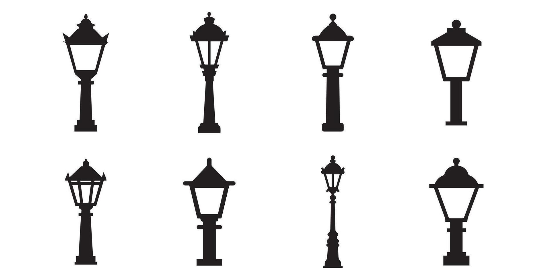 Vintage street light posts set, old street lamp posts, sidewalk lantern, vector