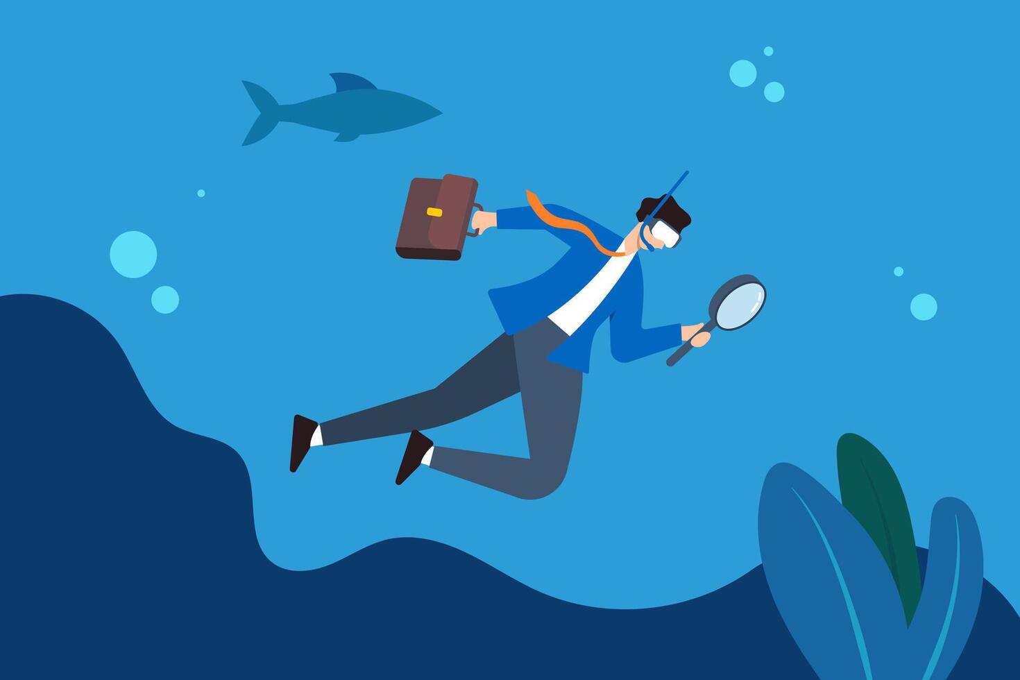 Flat illustration of businessman scuba diving in deep blue ocean with magnifying glass symbolizing deep dive analysis for market improvement vector