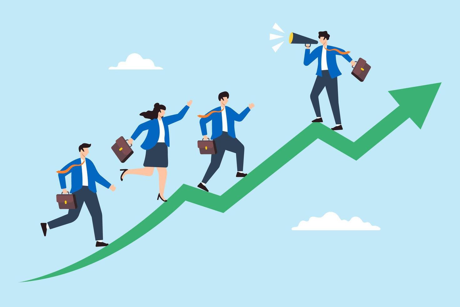 Flat illustration of businessman with megaphone motivate employee to walk up arrow symbolizing career inspiration vector