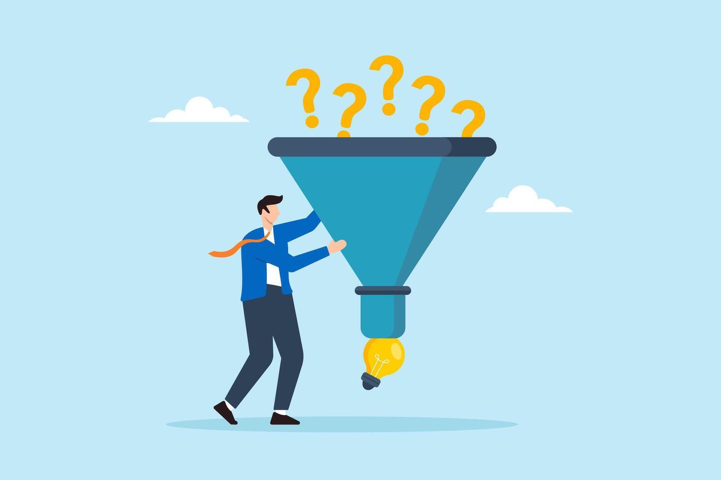 Flat illustration of smart businessman using funnel to filter solution from question mark symbolizing problem solving and creativity vector