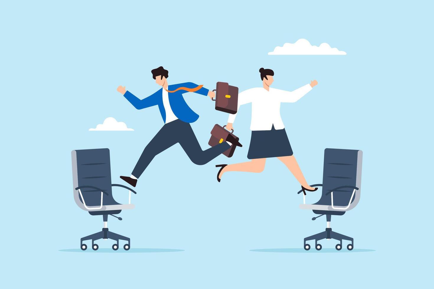 Flat illustration of businessman and businesswoman jump onto office chair symbolizing job rotation for new skill and responsibility vector