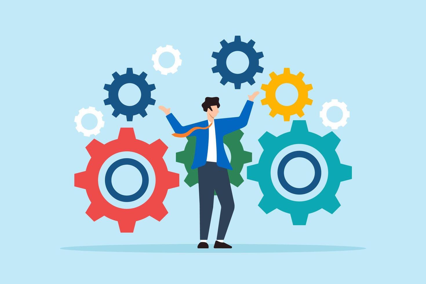 Flat illustration of businessman stand on interconnected gear cogwheel symbolizing process and workflow optimization vector