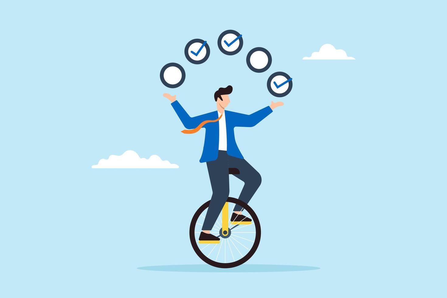 Flat illustration of businessman juggling checkbox while balancing on unicycle symbolizing task management and productivity vector