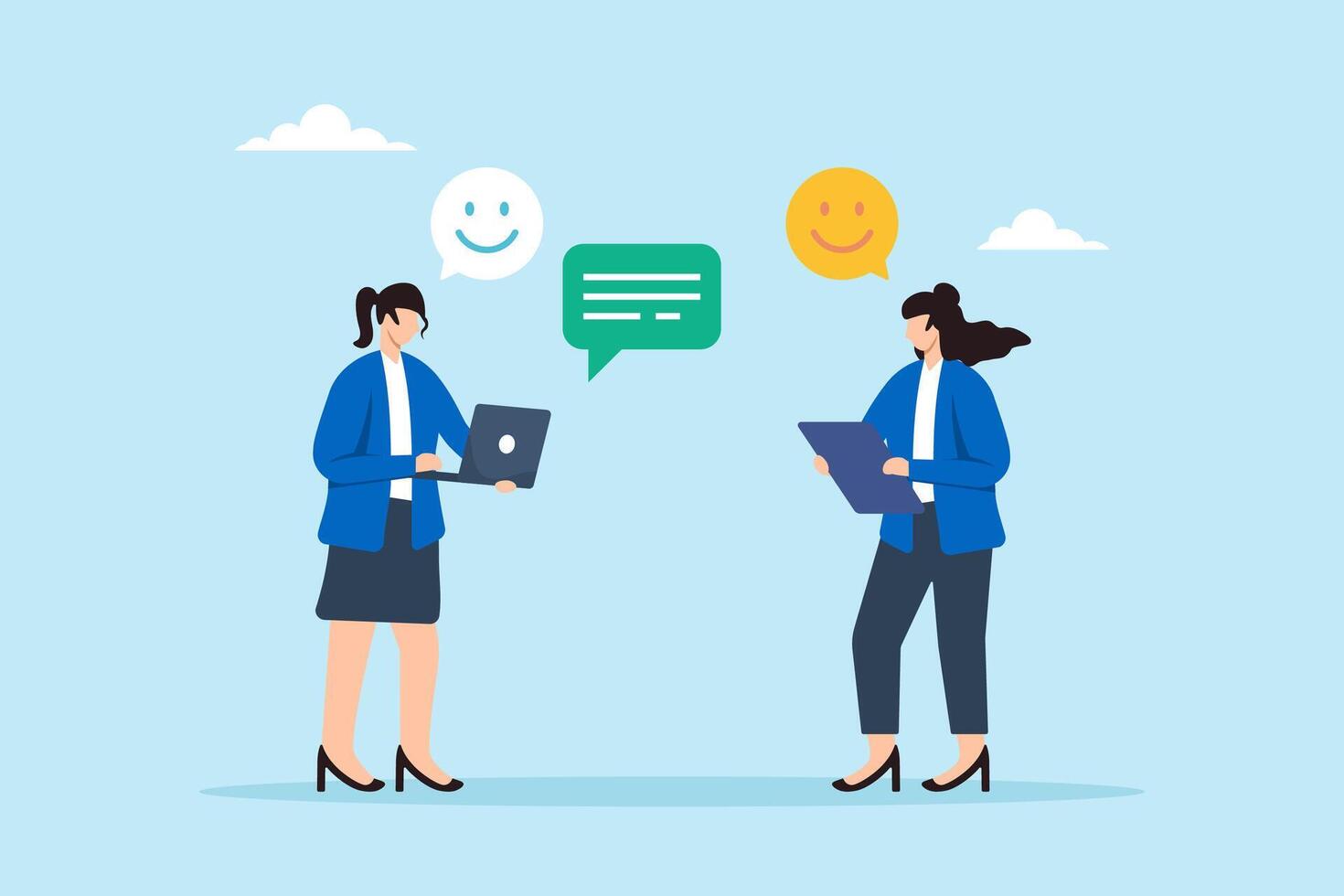 Flat illustration of cheerful businesswoman share feedback emoji with teammate symbolizing team communication and idea improvement vector