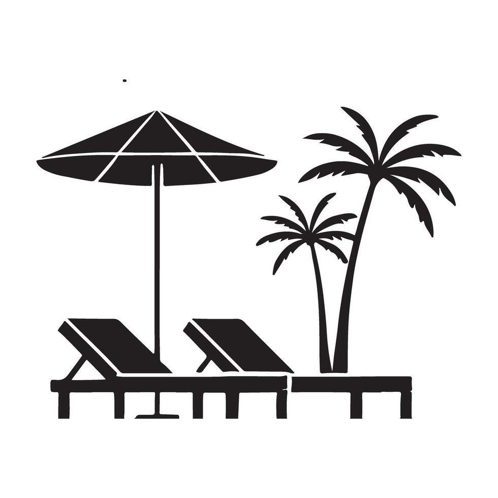 Silhouette Illustration of Two Lounge Chairs Under a Beach Umbrella with Palm Trees vector