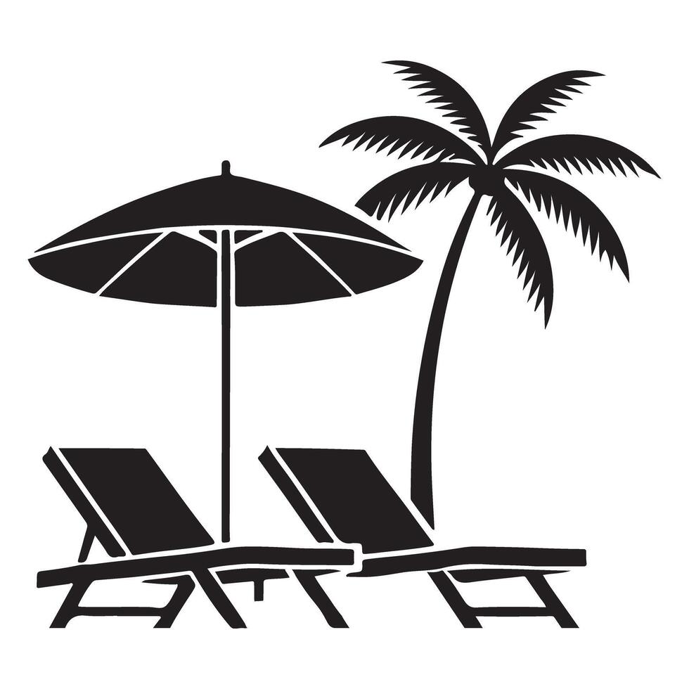 Silhouette Illustration of a Relaxing Beach Setup with Lounge Chairs and Palm Tree vector