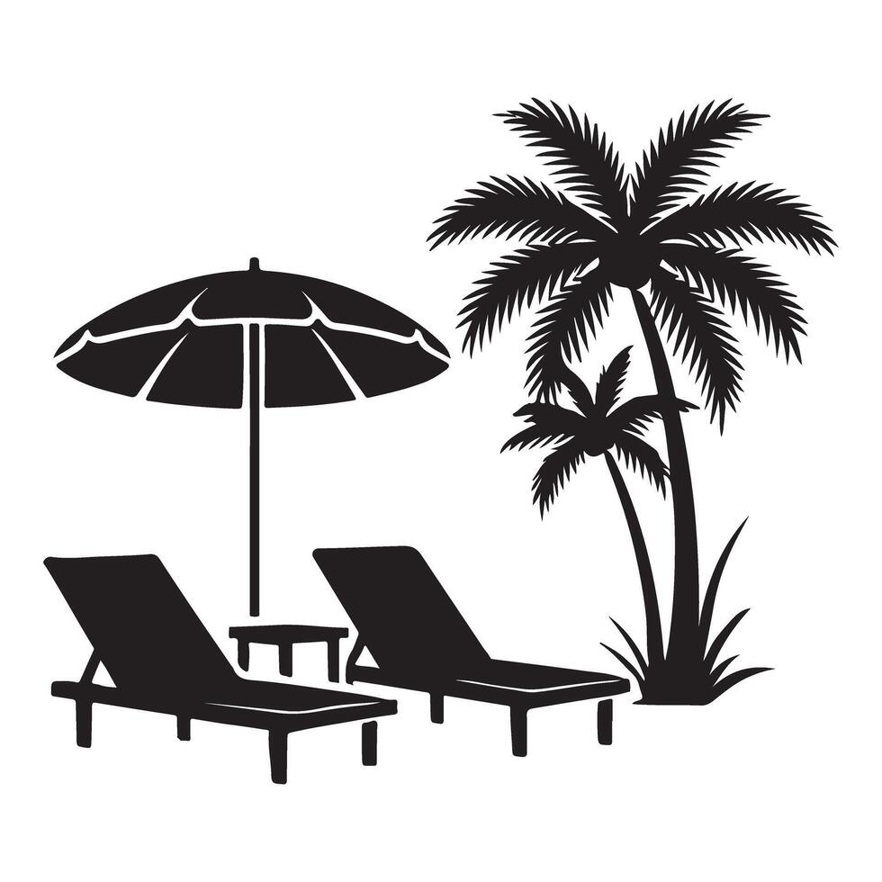 Silhouette Illustration of a Tropical Paradise with Lounge Chairs and Palm Trees vector