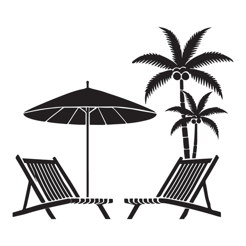 Tranquil Beach Scene Silhouette Illustration with Palm Trees and Lounge Chairs vector