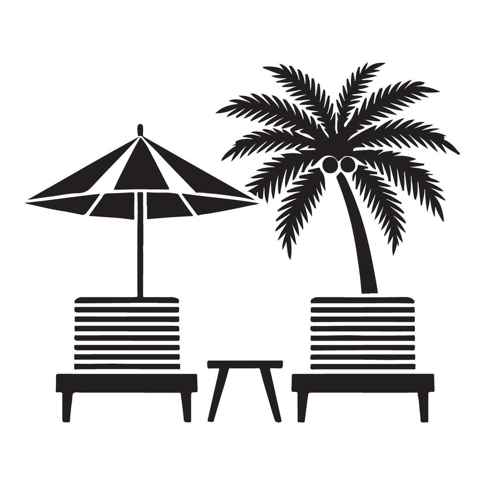 Silhouette Illustration of Tropical Beach Scene with Lounge Chairs and Table vector