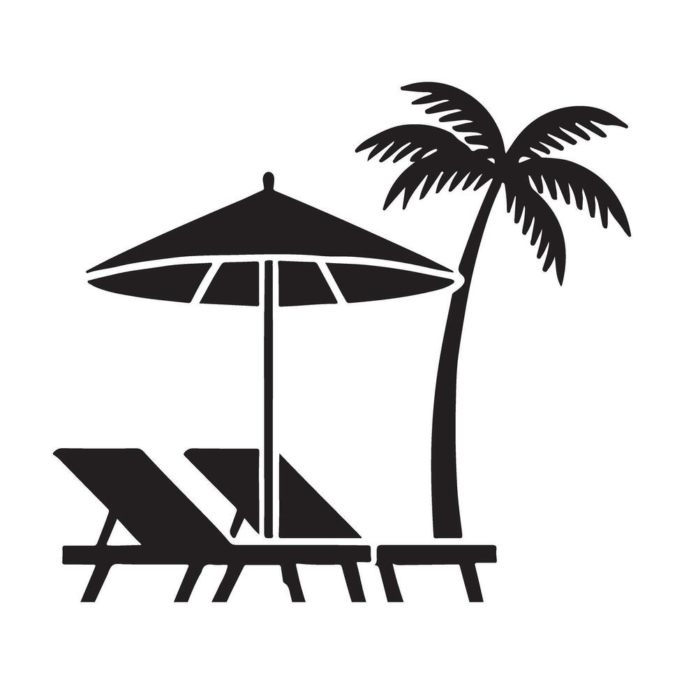 Relaxing Beach Scene Silhouette Illustration with Lounge Chairs and Palm Tree vector