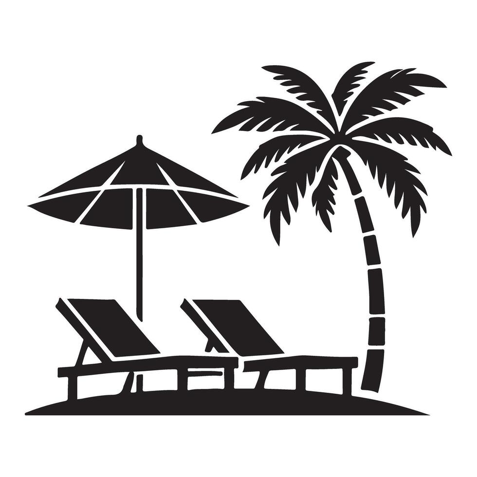 Relaxing Beach Scene Silhouette design Illustration with Palm Trees and Lounge Chairs vector