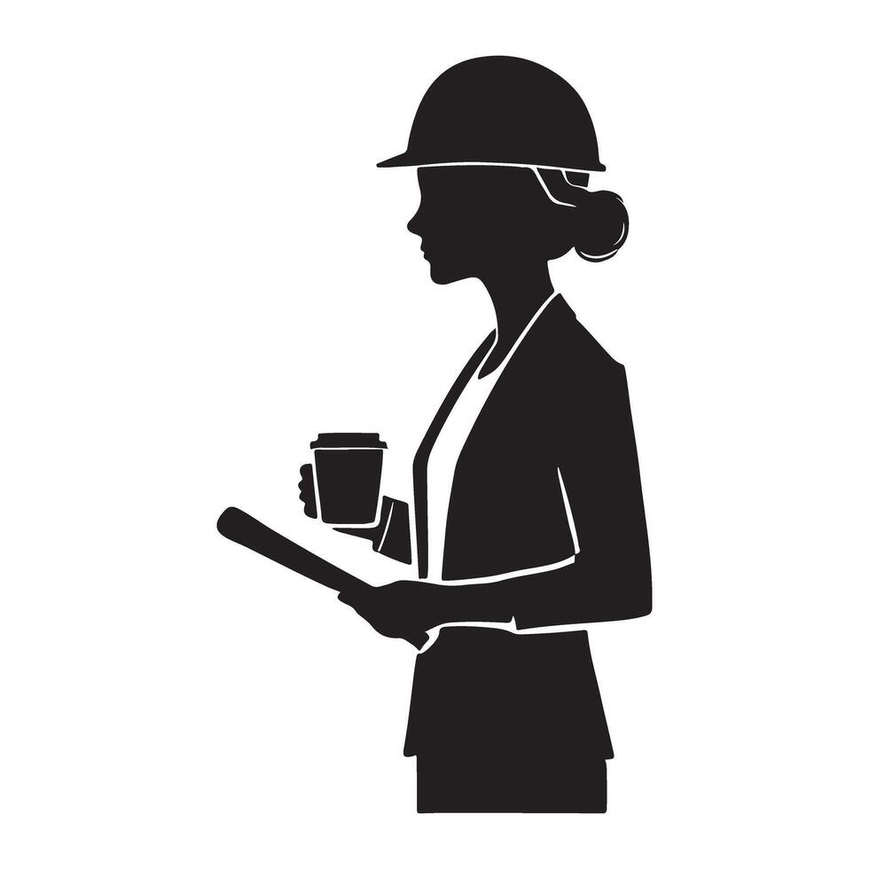 Silhouette of a Female Engineer Holding a Clipboard and Coffee vector