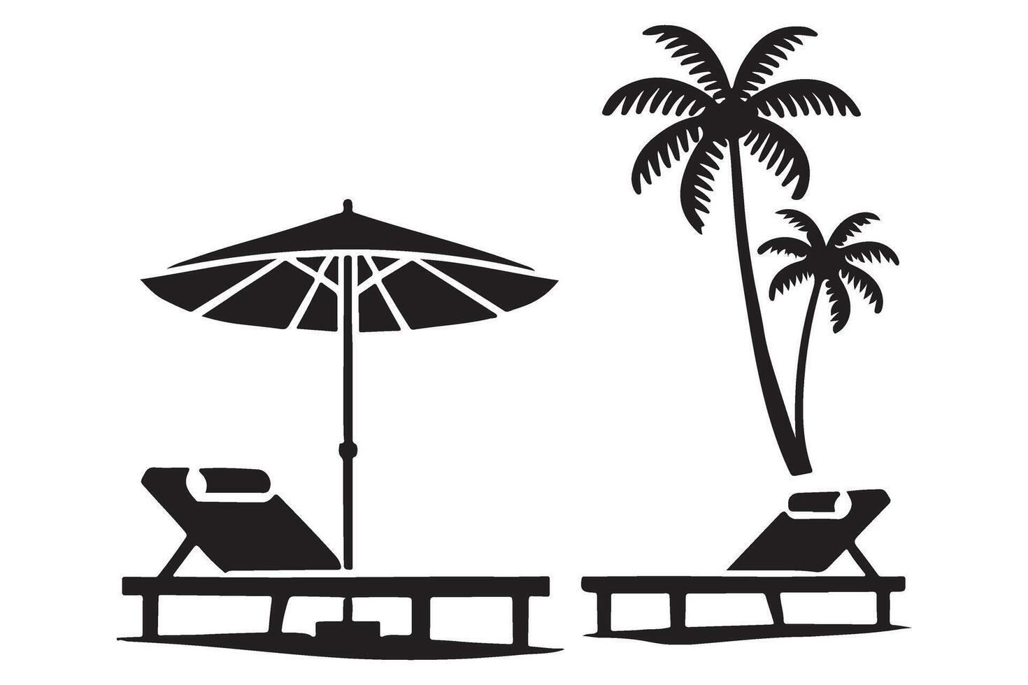 Relaxing Beach Scene Silhouette Illustration with Two Lounge Chairs and Palm Trees vector
