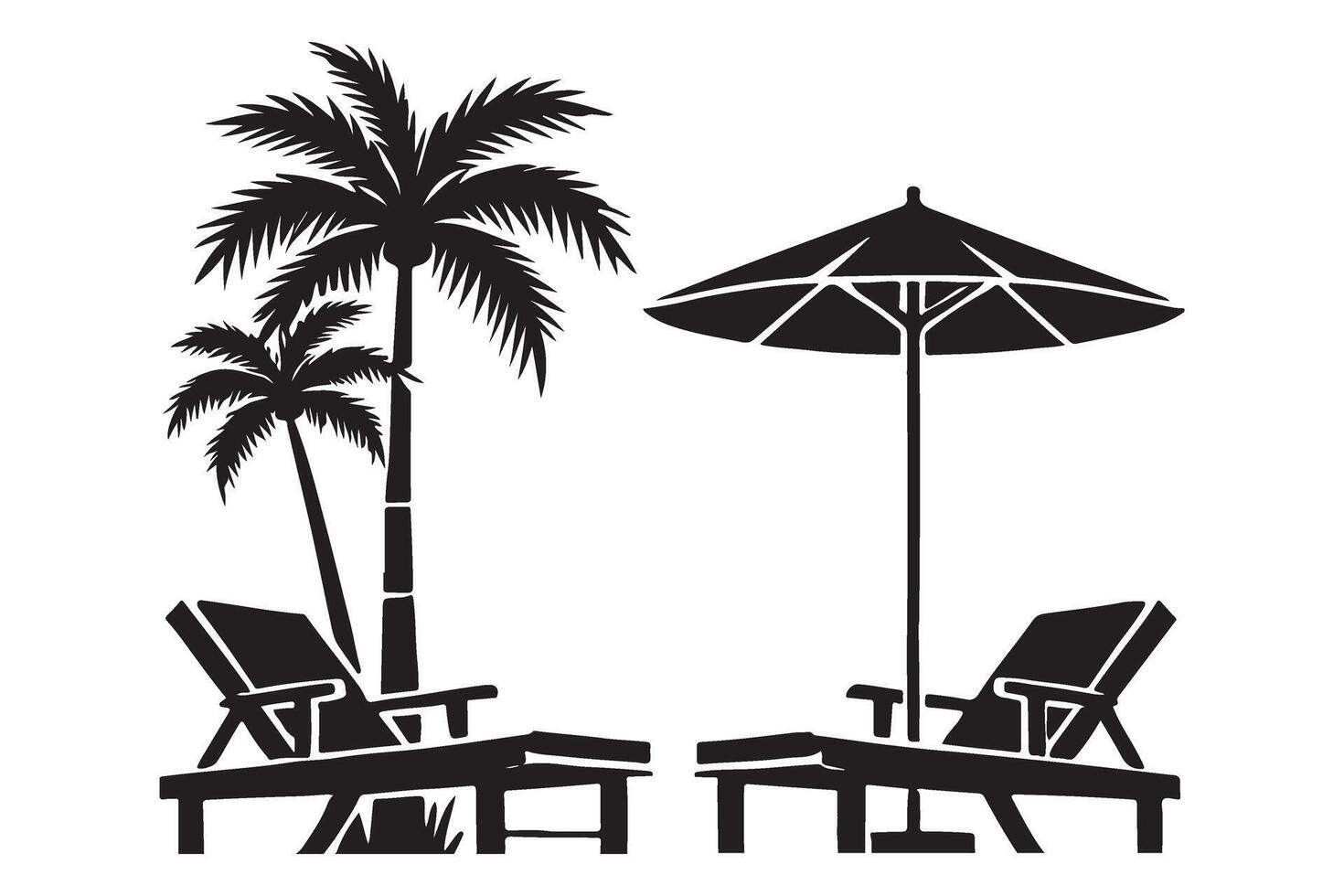 Relaxing Beach Scene Silhouette with Palm Trees and Loungers vector