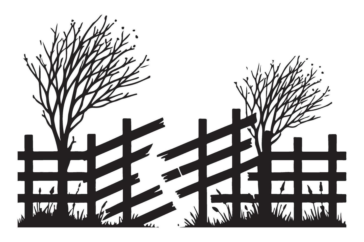 Broken Wooden Fence with Trees Silhouette Illustration vector