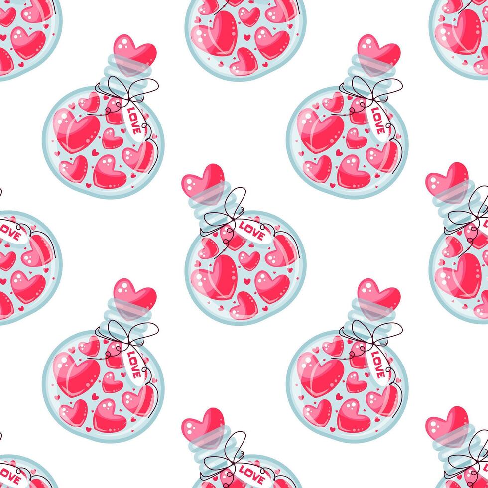 Valentines day seamless pattern with jars filled with hearts. illustration on white background vector