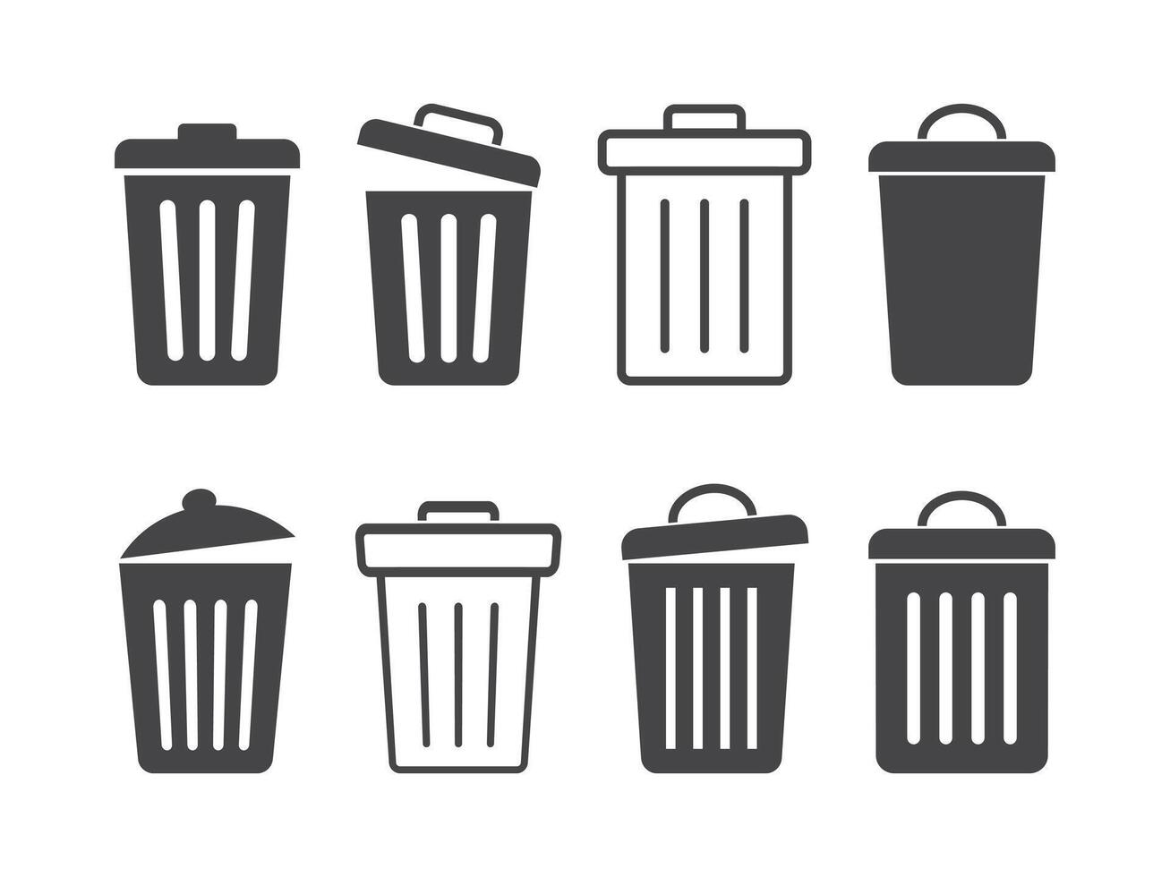 Various Trash Can Icons with Open and Closed Lids. vector