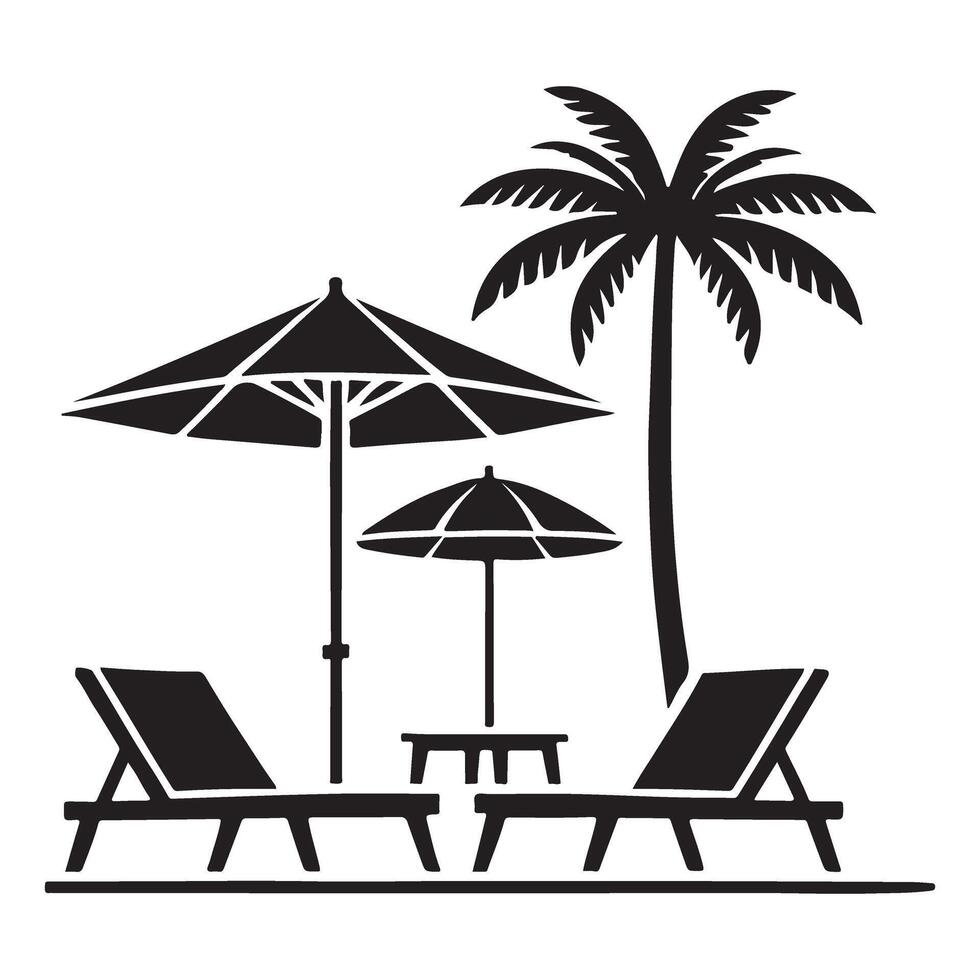 Beachfront Relaxation Area Silhouette with Two Umbrellas and Chairs vector
