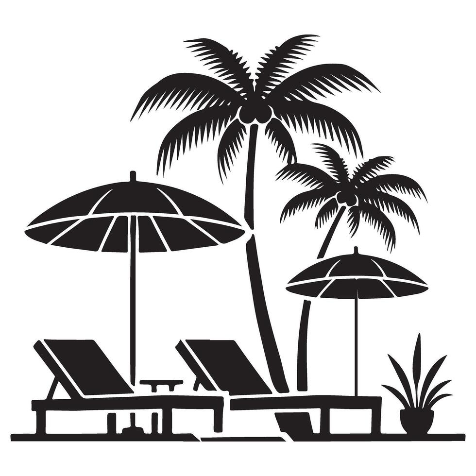 Tropical Beach Scene Silhouette Illustration with Palm Trees and Lounge Chairs vector