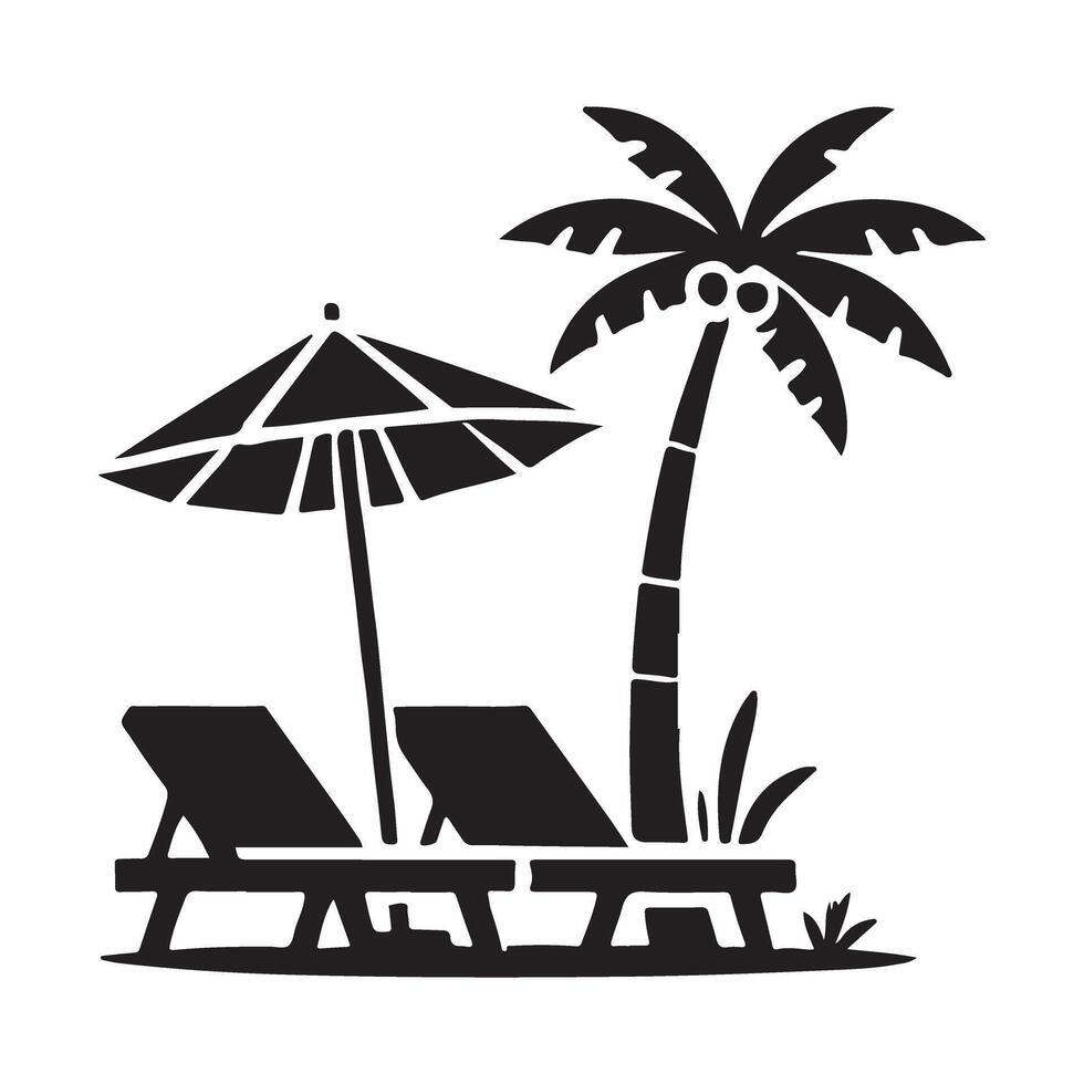 Silhouette Illustration of Relaxing Beach Scene with Lounge Chairs and Palm Tree vector