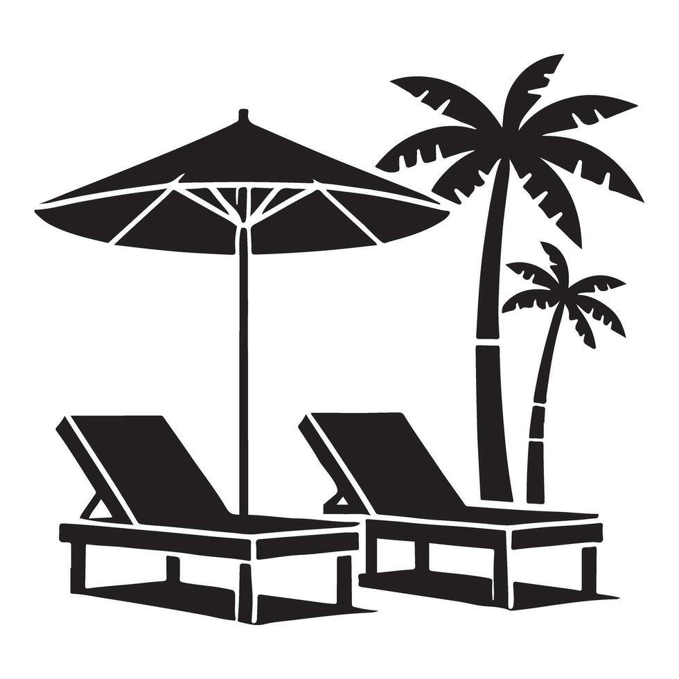 Relaxing Beach Scene Silhouette design with Palm Trees and Lounge Chairs vector