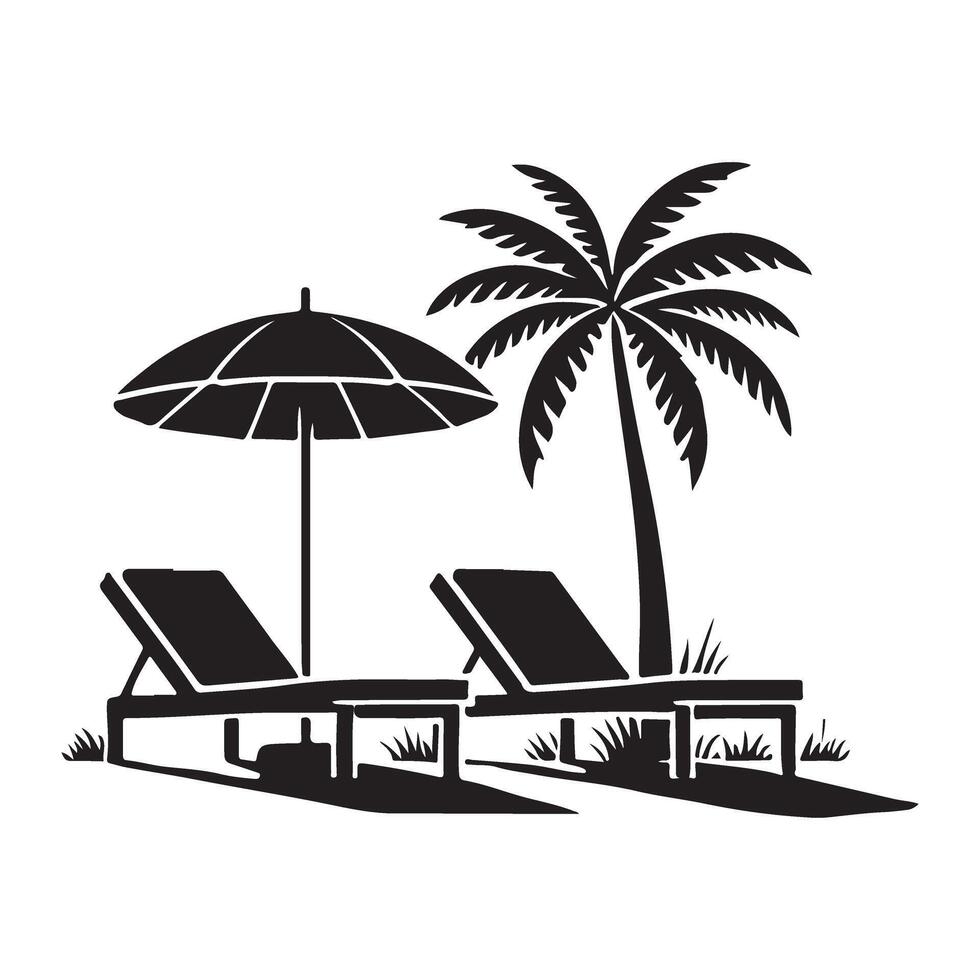 Scenic Beachfront Silhouette with Palm Trees, Umbrellas, and Lounge Chairs vector