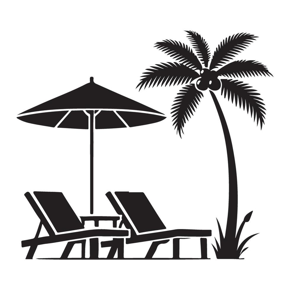 Relaxing Beach Umbrella Silhouette Illustration with Palm Trees and Lounge Chairs vector