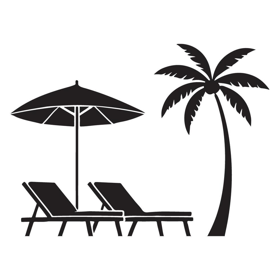 Silhouette Illustration of a Relaxing Beach Scene with Lounge Chairs and Palm Tree vector
