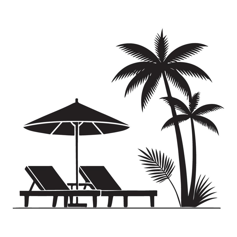 Silhouette Illustration of Relaxing Beach Scene with Two Lounge Chairs and Palm Trees vector