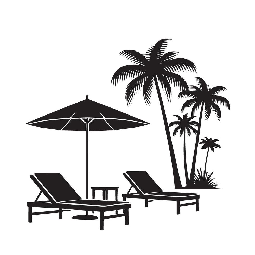 Tranquil Beach Scene Silhouette with Multiple Palm Trees and Lounge Chairs vector