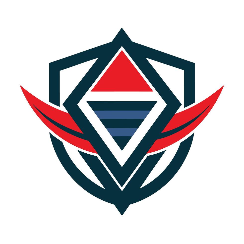 geometric logo, shield shape, triangular elements, red and blue accents, dark teal background, symmetrical design vector