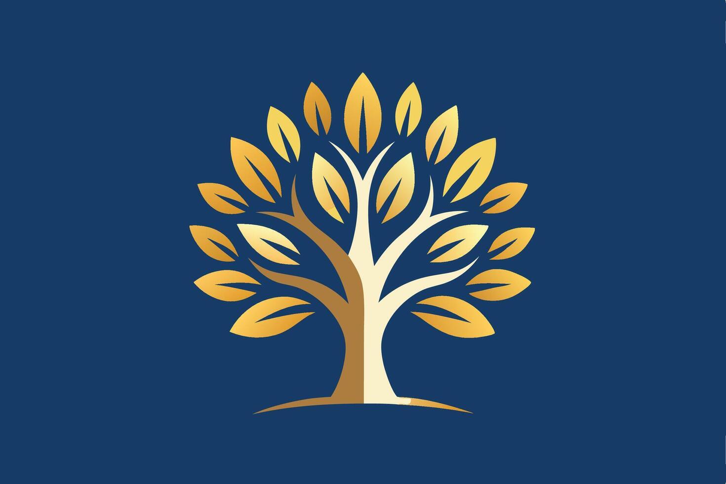 Golden tree logo, stylized leaves, navy blue background, minimalist design, symmetrical composition vector