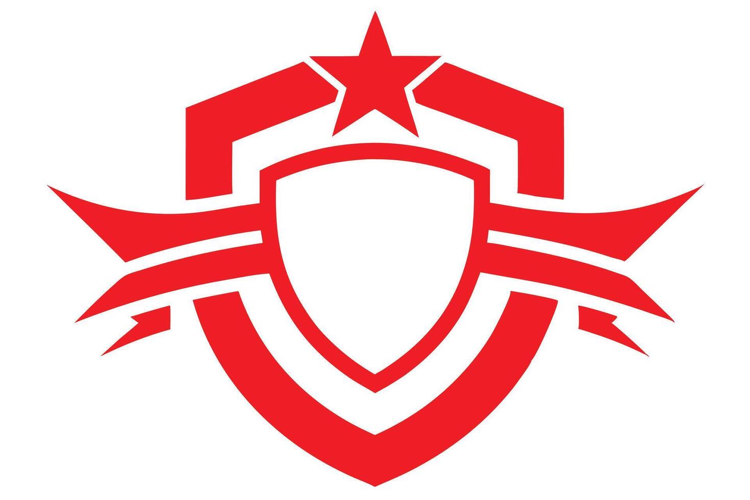 Red logo, shield shape, star emblem, geometric design, symmetrical composition, ribbon elements, bold lines vector