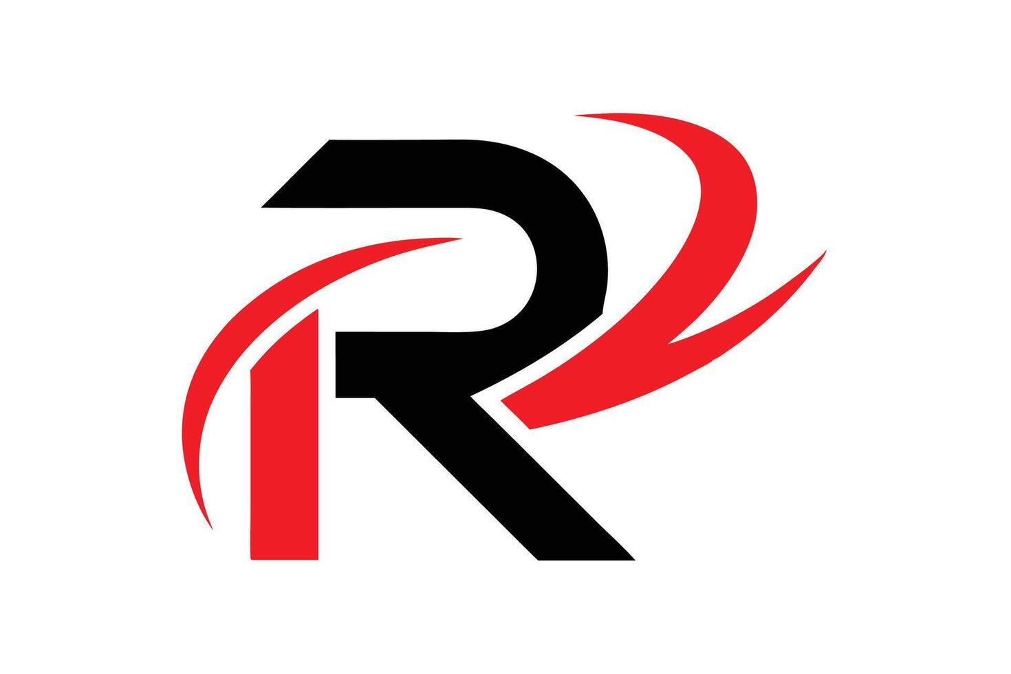 Logo design, stylized letter R, black and red color scheme, swoosh elements, dynamic curves vector