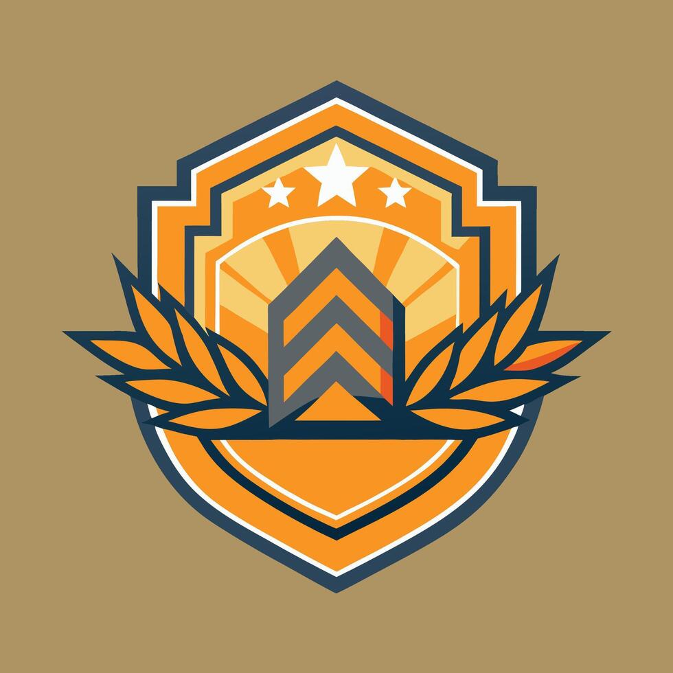 Logo design, shield emblem, orange and blue color scheme, chevron symbol, three stars, laurel wreath, geometric shapes, retro style, flat design, military insignia insp vector