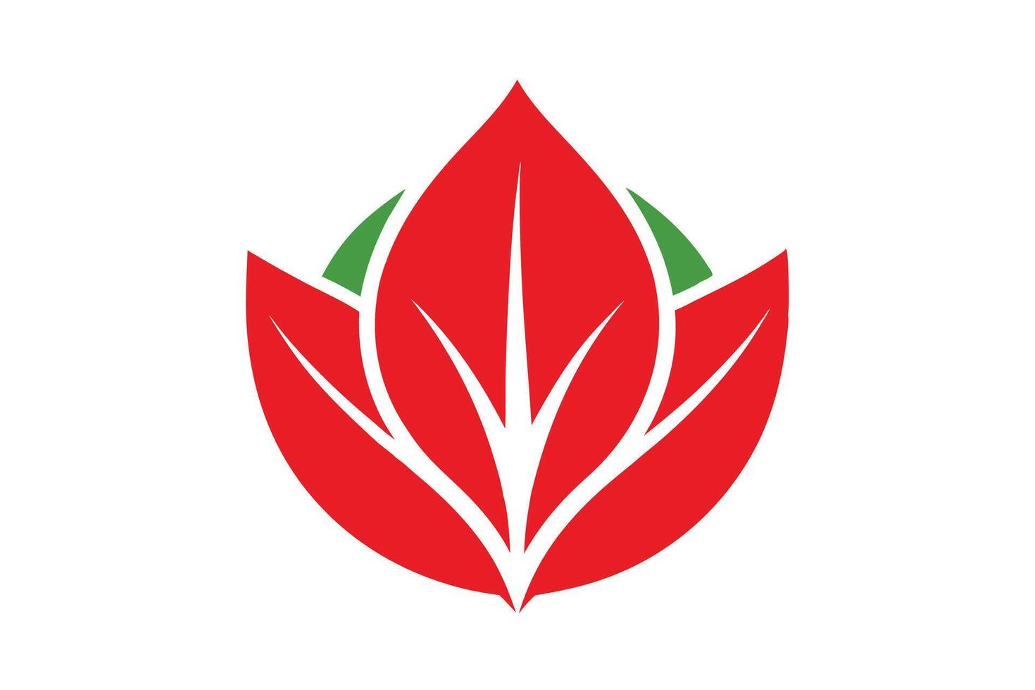 Stylized red lotus flower logo, minimalist design, geometric shapes, green accents, white background vector
