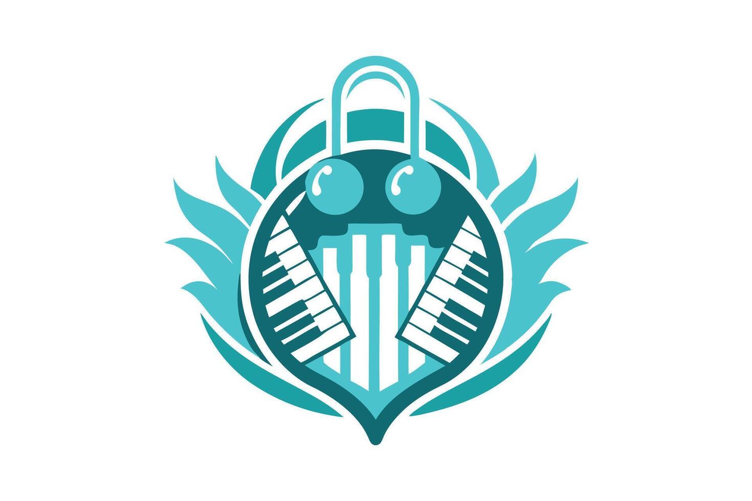 Teal beetle logo, stylized insect emblem, geometric design, piano keys, symmetrical wings, circular shape vector