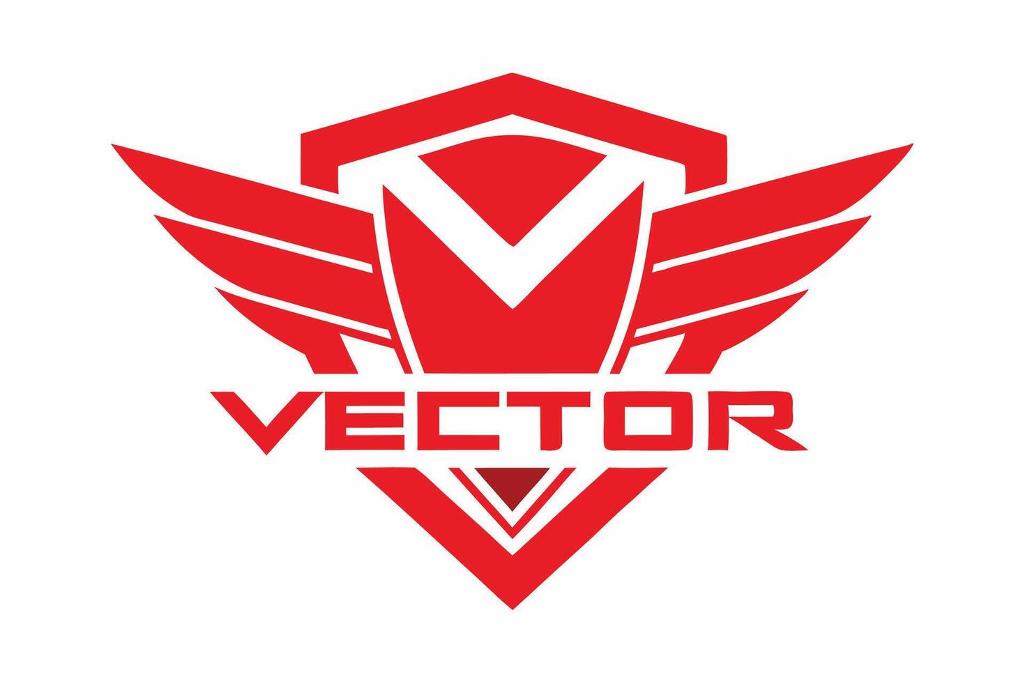 Red logo, shield shape, wings, geometric design, bold typography, minimalist, symmetrical vector