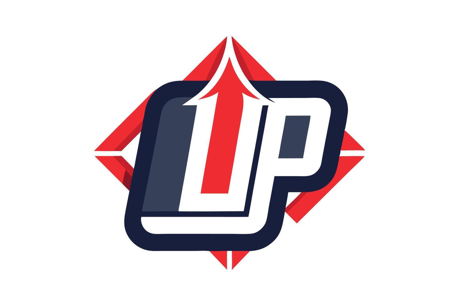 Logo design, stylized UP letters, upward arrow, red and navy blue color scheme, geometric shapes, bold typography vector
