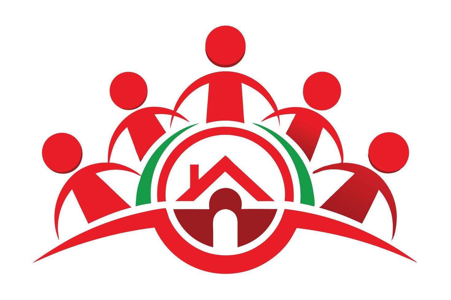 Stylized logo, red and green colors, abstract human figures, house icon, circular design, community concept vector
