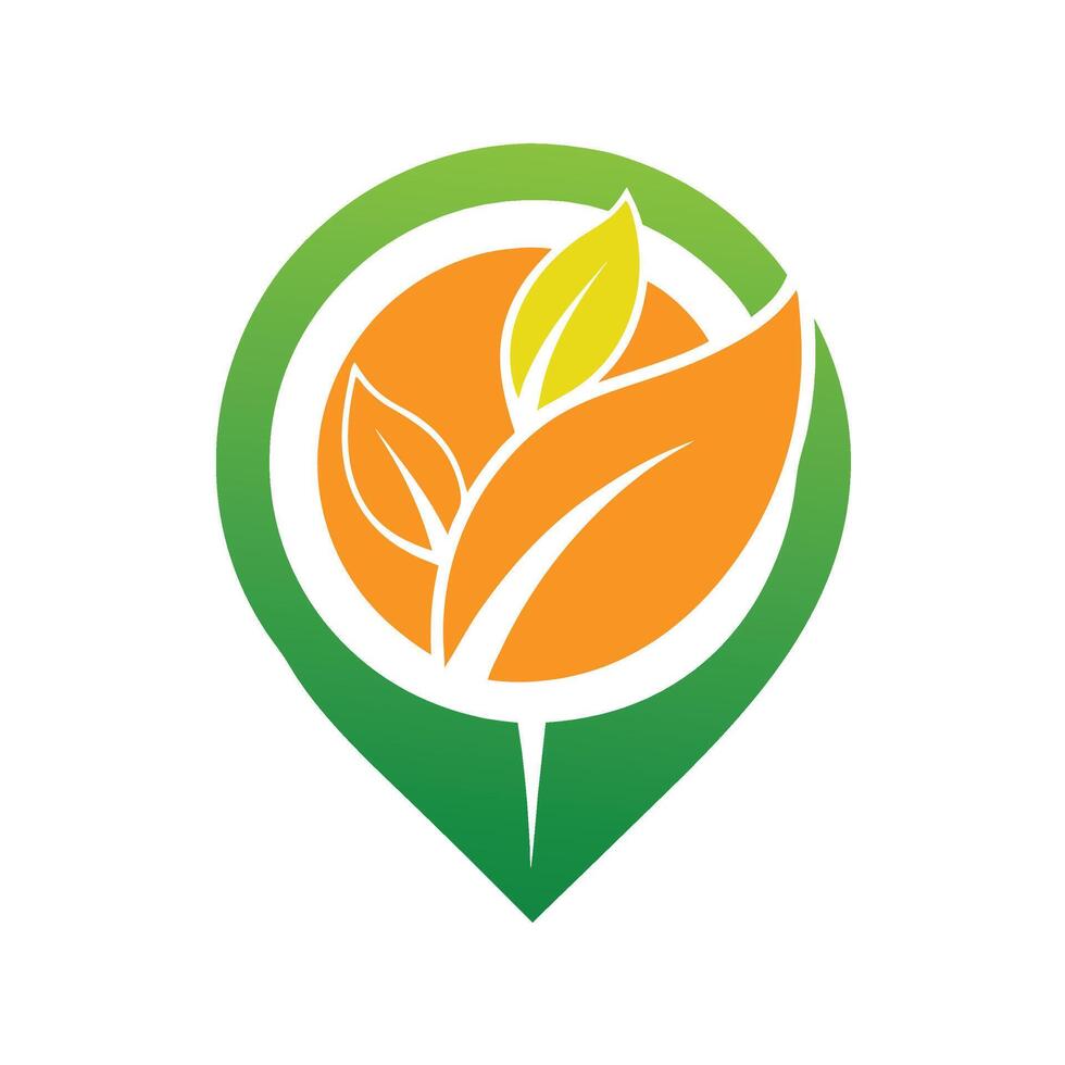 Logo design, circular emblem, green location pin shape, orange circle inside, stylized white leaf motif, eco-friendly concept vector