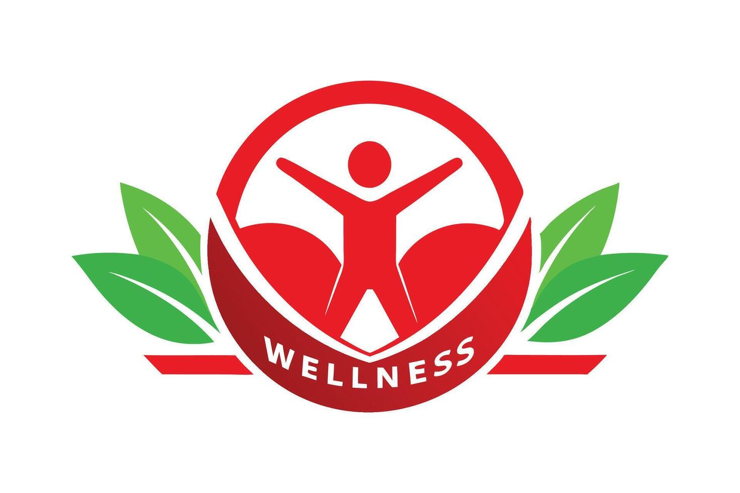 Wellness logo, stylized human figure, red circle, green leaves, minimalist design, health and vitality symbol, energetic pose, balanced composition, white background vector