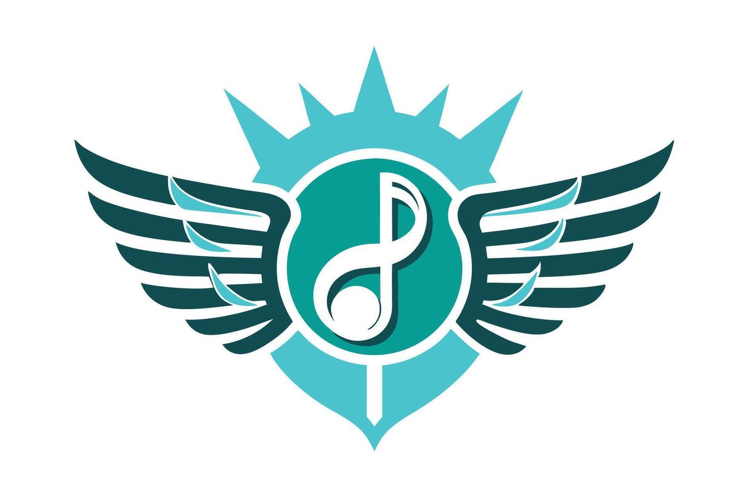 logo design, musical note, wings, shield, teal color, white accents, stylized, geometric, symmetrical, minimalist vector