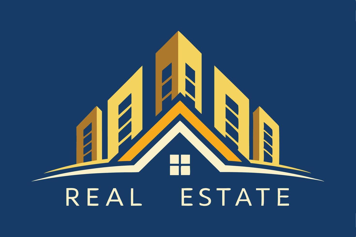 Real estate logo, golden skyscrapers, stylized cityscape, blue background, minimalist design, geometric shapes, modern architecture, window icon, vector
