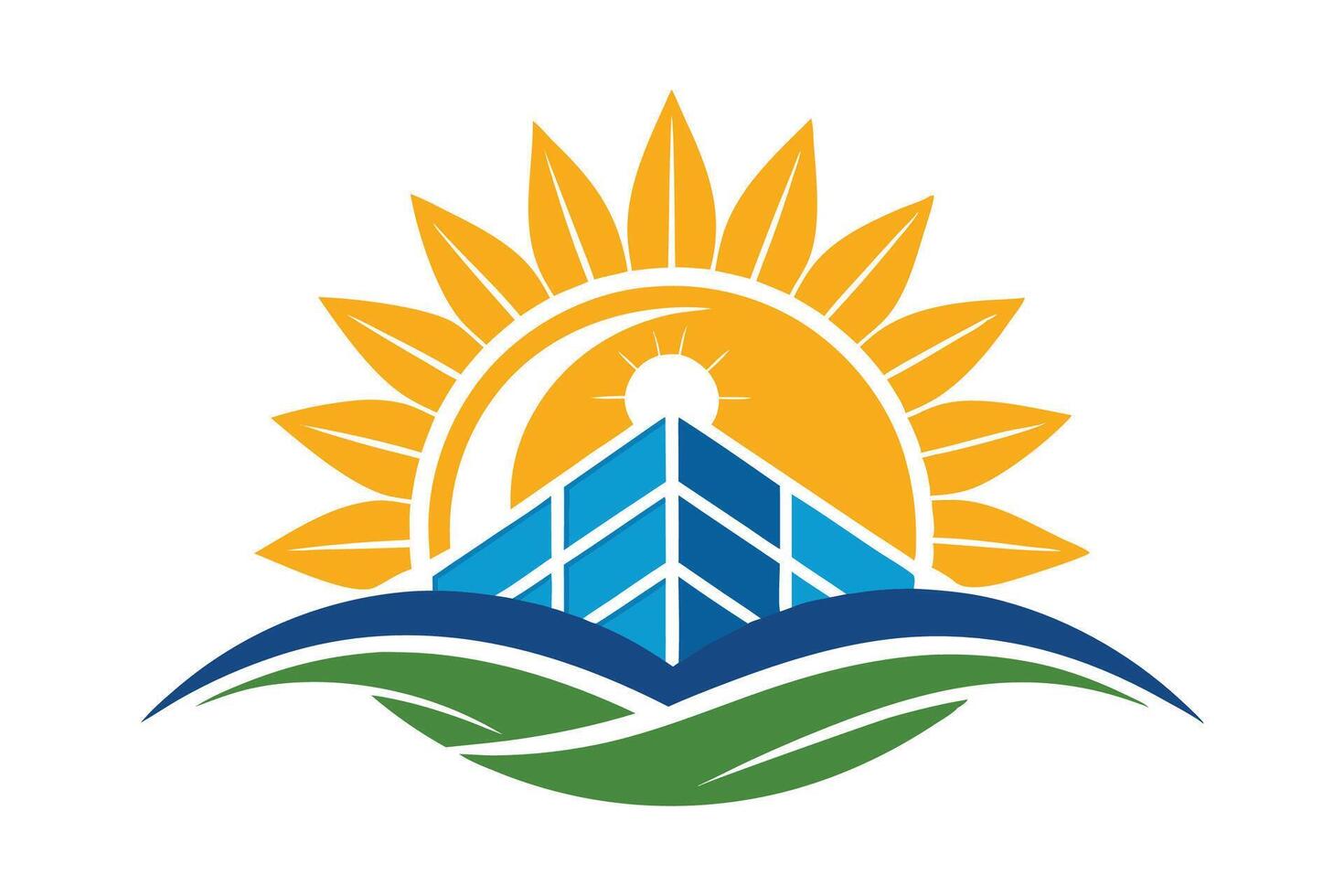 Stylized sunflower logo, solar panels, rising sun, green fields, blue sky, renewable energy icon, geometric design, vibrant colors, vector