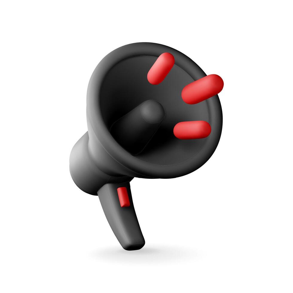 3D black megaphone isolated on white background. Render plastic megaphone realistic. Modern bullhorn or loudspeaker vector
