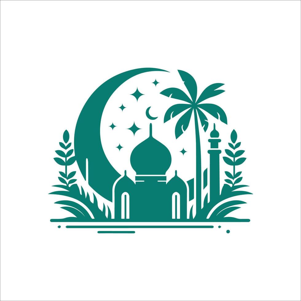 ramadan islamic mosque with palm trees and crescent moon vector