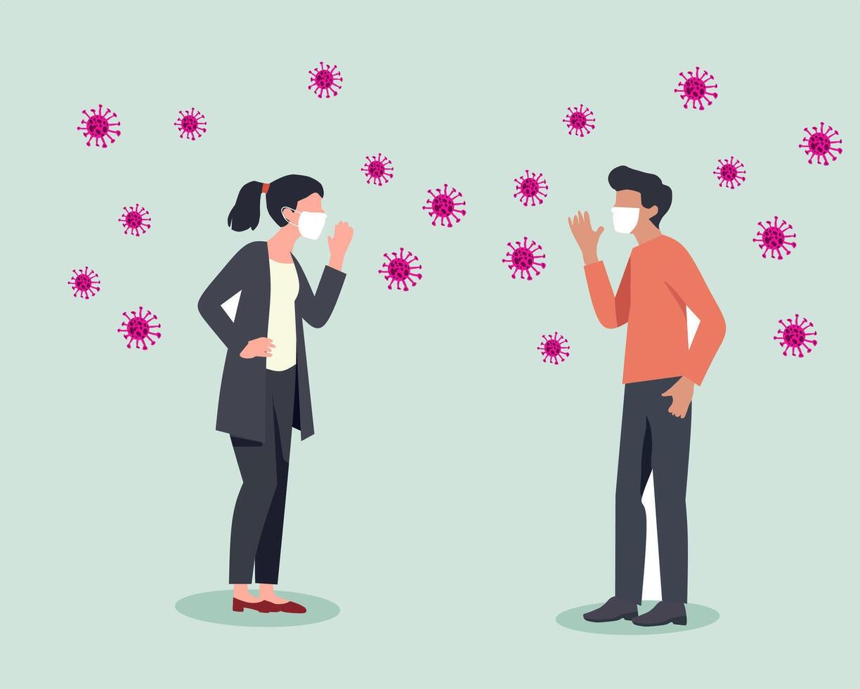 Illustration of two individuals, one wearing a mask, surrounded by virus particles. Represents social distancing, health awareness, and pandemic prevention measures vector